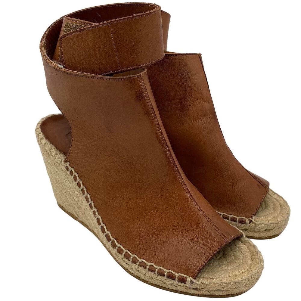 Vince Brown Leather Espadrille Wedge Sandals